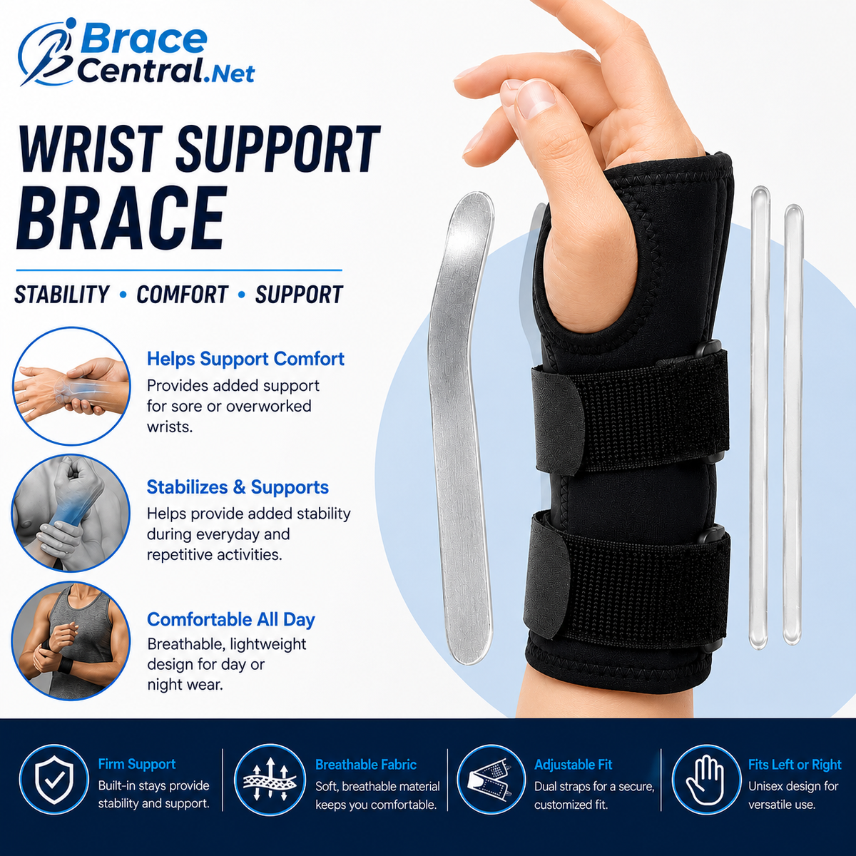 Adjustable Wrist Support Splint with Stabilizing Brace